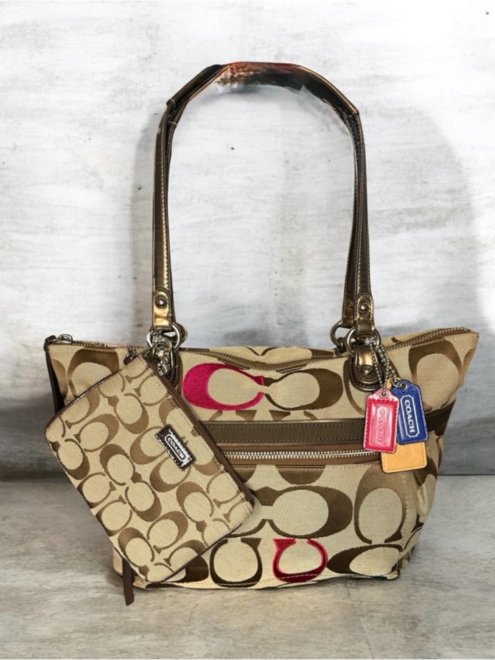 Coach 2012 Poppy Sig C Glam Tote w/Metallic Leather Trim & Wristlet (2) Pc Set